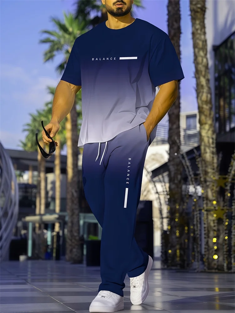 

Gradient purple men's sportswear set with letter-printed short-sleeved shirt and long pants, a trendy and casual two-piece set