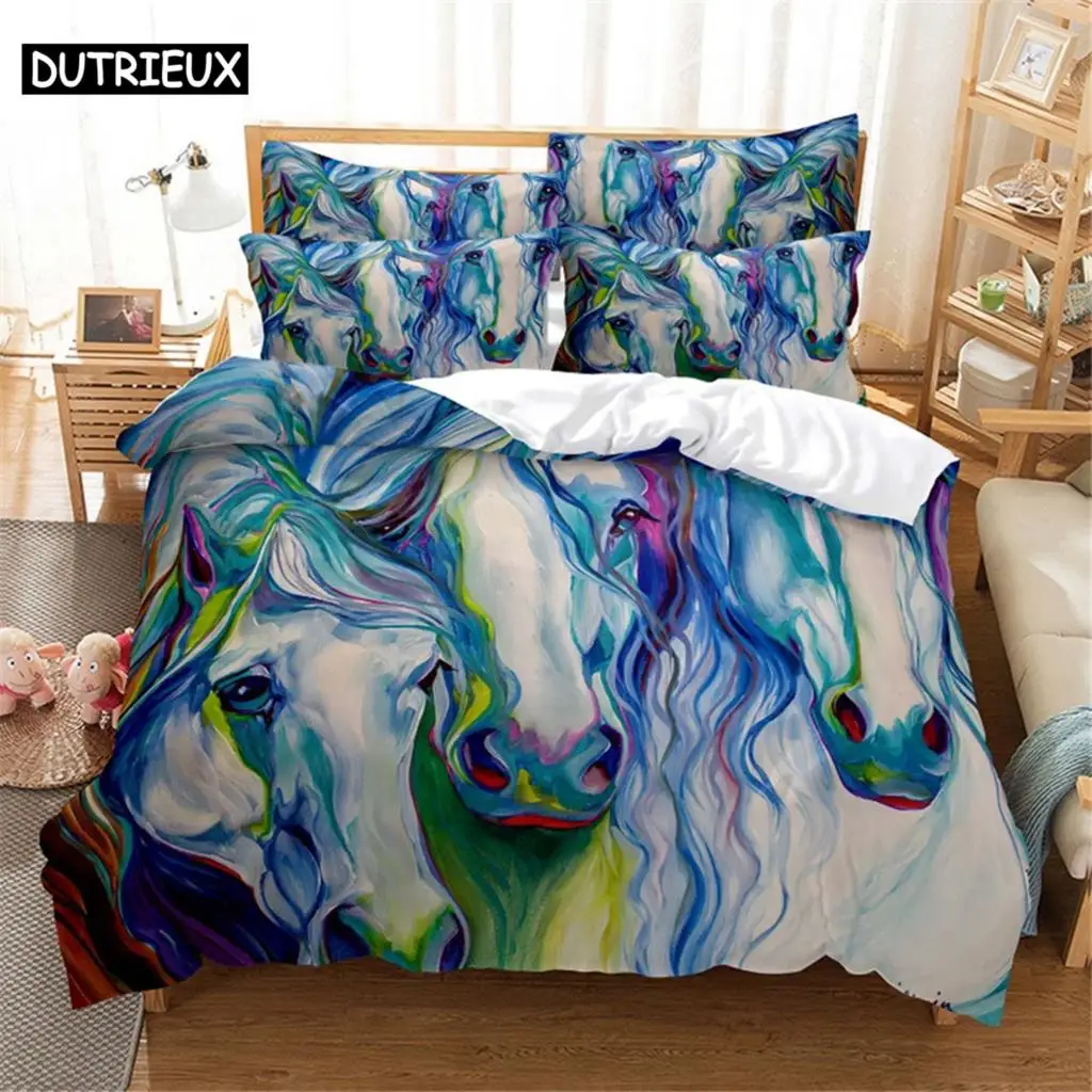 Juego de ropa de cama de caballo 3D, juego de funda de edredón de algodón, funda de cama de matrimonio, juego de cama de dormitorio