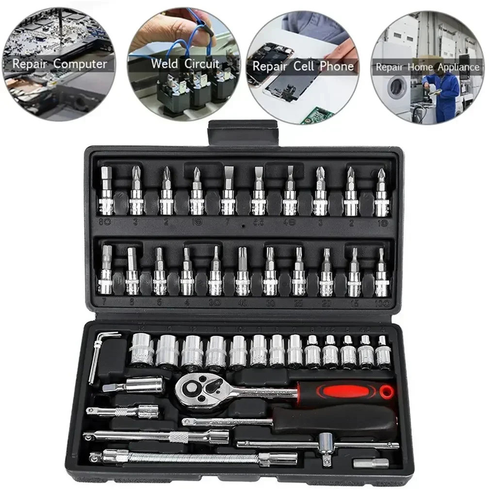

46-Piece Ratchet Wrench Set with 1/4-inch Socket, Car Tool Kit, Ratchet Wrench Set with Metric Sockets, Car Accessories