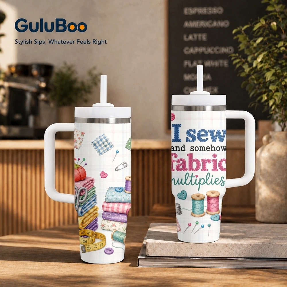 Sewing And Collecting Fabric Vacuum Flasks 40oz Stainless Steel Insulated Tumbler With Handle & Straw Leakproof Travel Mug