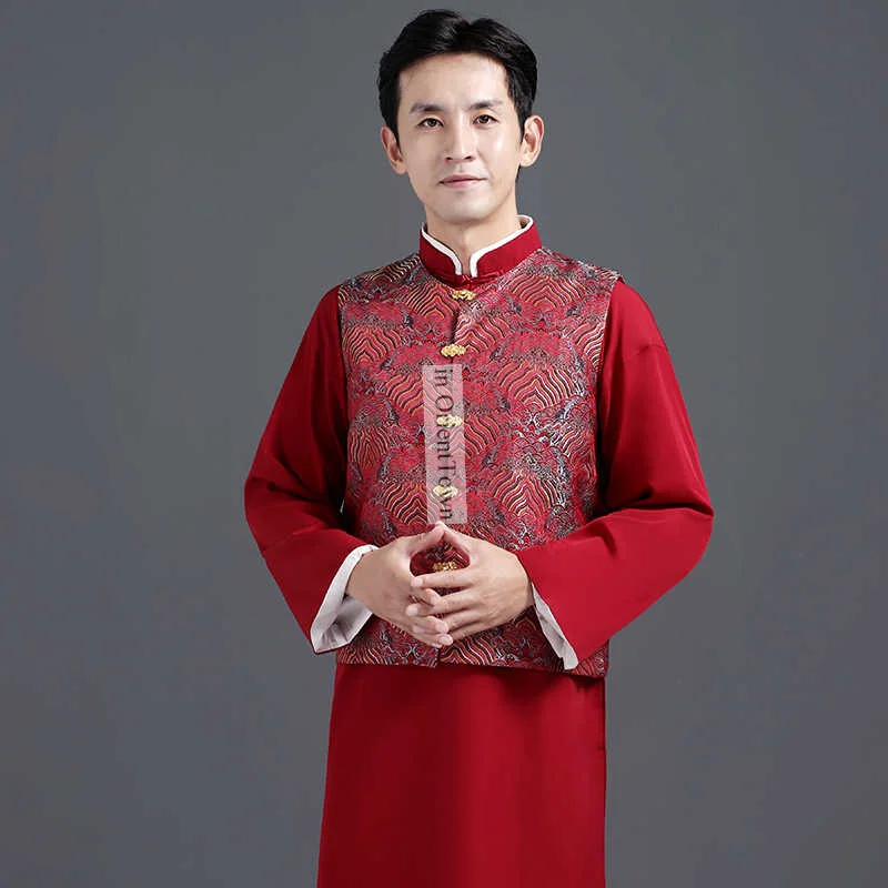 Chinese Cross Talk Attire Groom Red Robe Suit in OrientTown Traditional China Costume Men's Clothing Vest + Blue Long Gown TP095 view 4