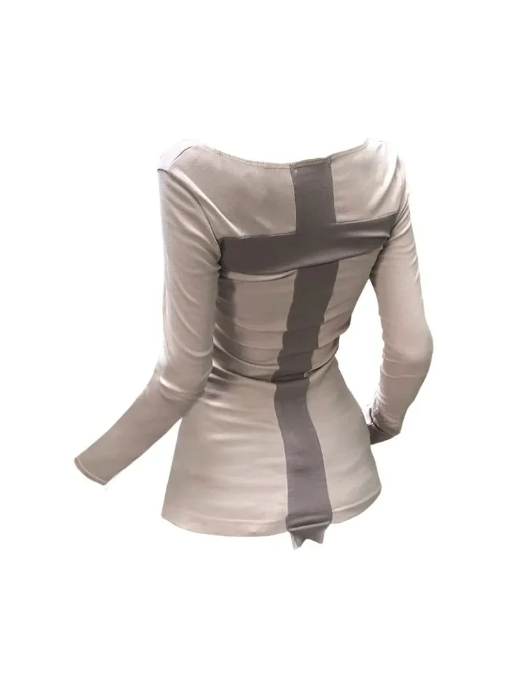 T-shirt manica lunga patchwork croce americana donna 2025 inizio autunno nuove top Mujer Y2k Slim Fit che tocca il fondo Tees