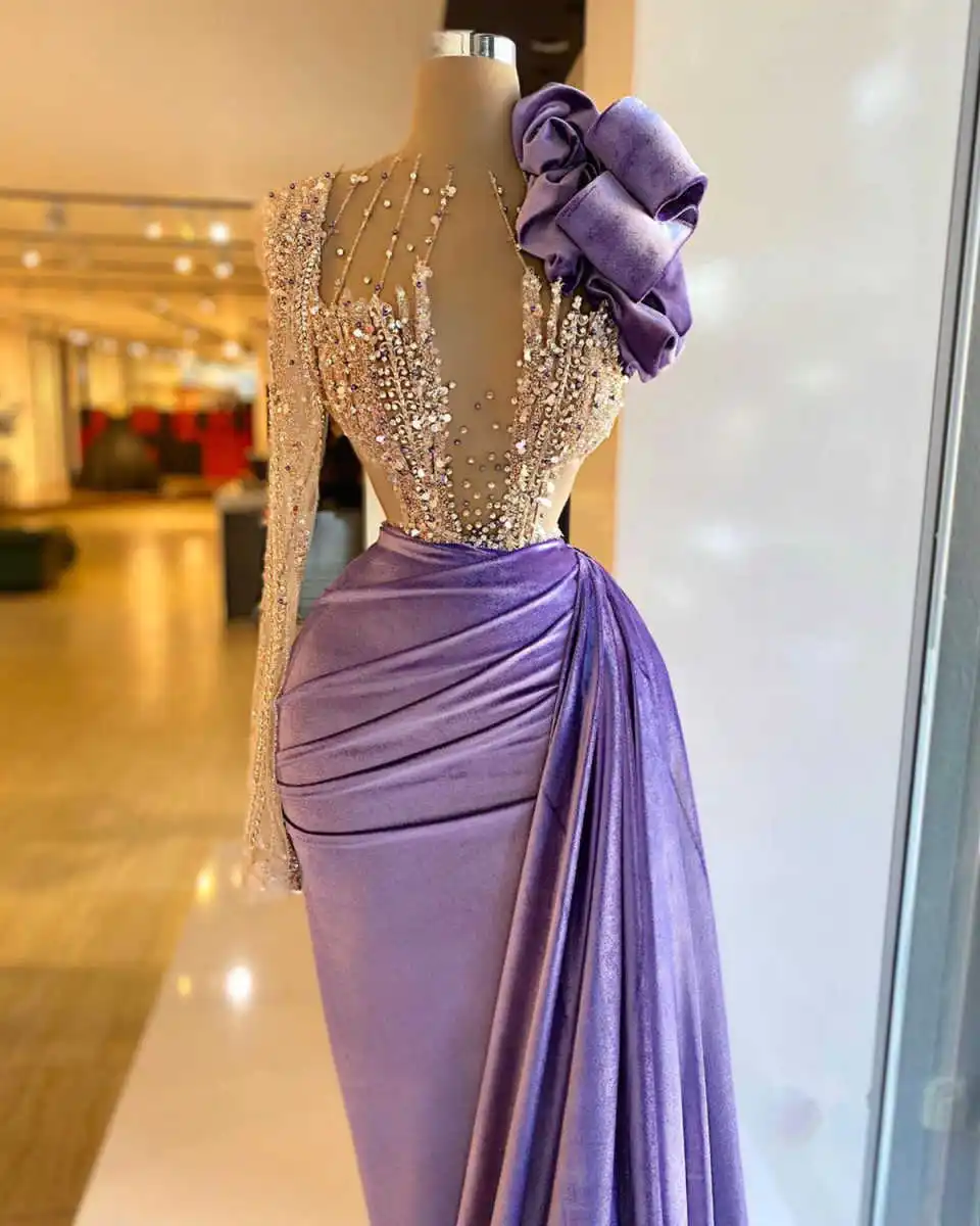 Luxury Purple Velvet Prom Dresses Long Sleeves Beads Crystals Evening Dress Exquiste Birthday Party Gowns Robes De Soiree