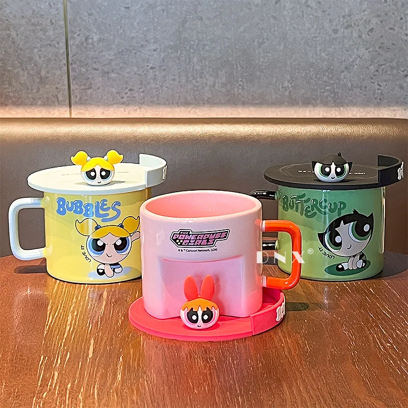 Buttercup Bubbles Blossom The Powerpuff Girls Cute Cartoon 420ML With Cover Ceramic Coffee Cup Kawaii Mug Water Cup Periphery