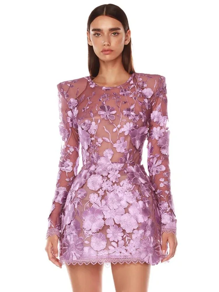 VC Purple Flower Embroidered Short Dress O Neck Log Sleeves High Waist Floral See Through Cocktail Party Eveing Gown