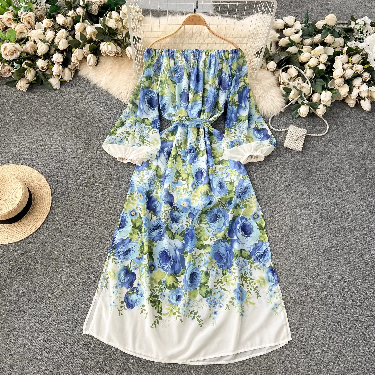 Summer Bohemian Chiffon Dress Women's Cool Shoulder Long Sleeve Floral Print Belt Lace Up Side Split Loose Robe Vestidos 6265