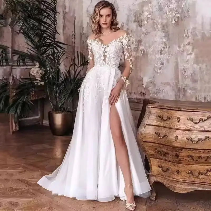 

Elegant A-Line Wedding Dress Women Open Back Lace Long Sleeve Side Split Tulle Bridal Gown Vestidos De Noiva Customized