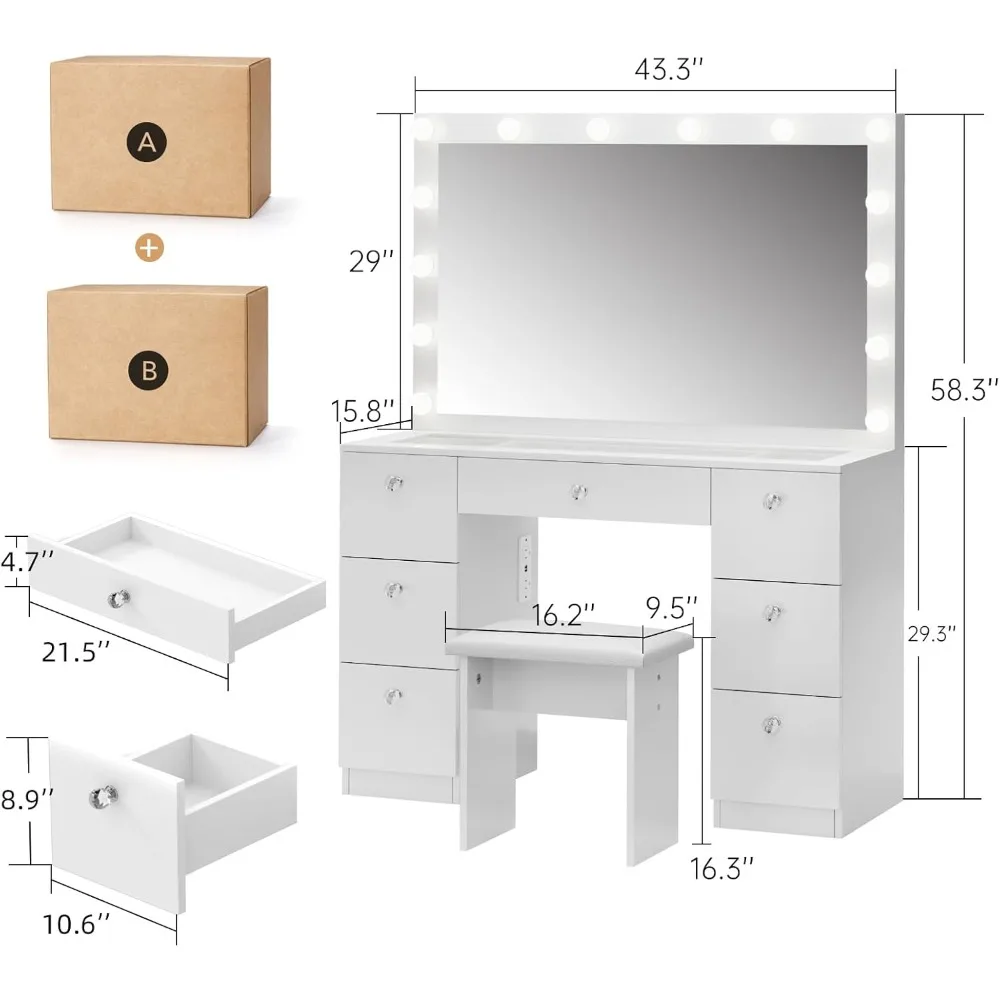 Makeup vanity with glass top, 7 drawers and power sockets, 3 color lighting modes with adjustable brightness