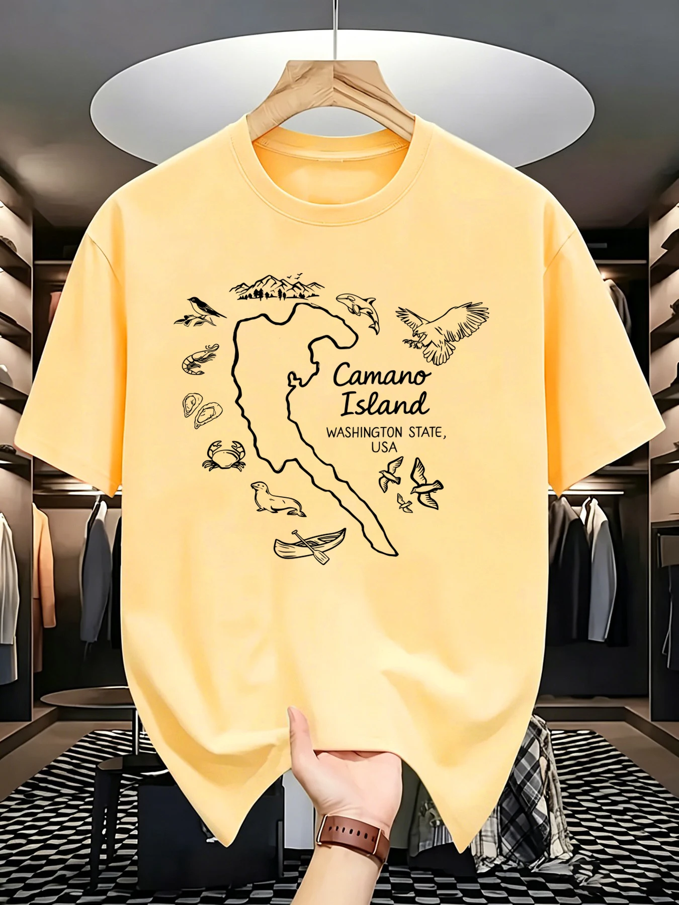 Camano Island Natural Organisms Print Men Cotton Summer Daily T-Shirt Korean Soft Streetwear Commute Breathable Short Sleeve