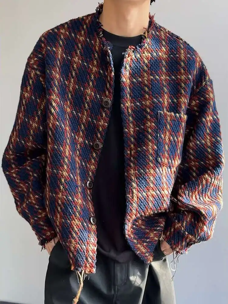 

Bad Bo ort Plaid Woolen Jaet for Men Spring Autumn Nicer Anti-Wrinkle Loose Fit Long Sve No Collar Button Clo...