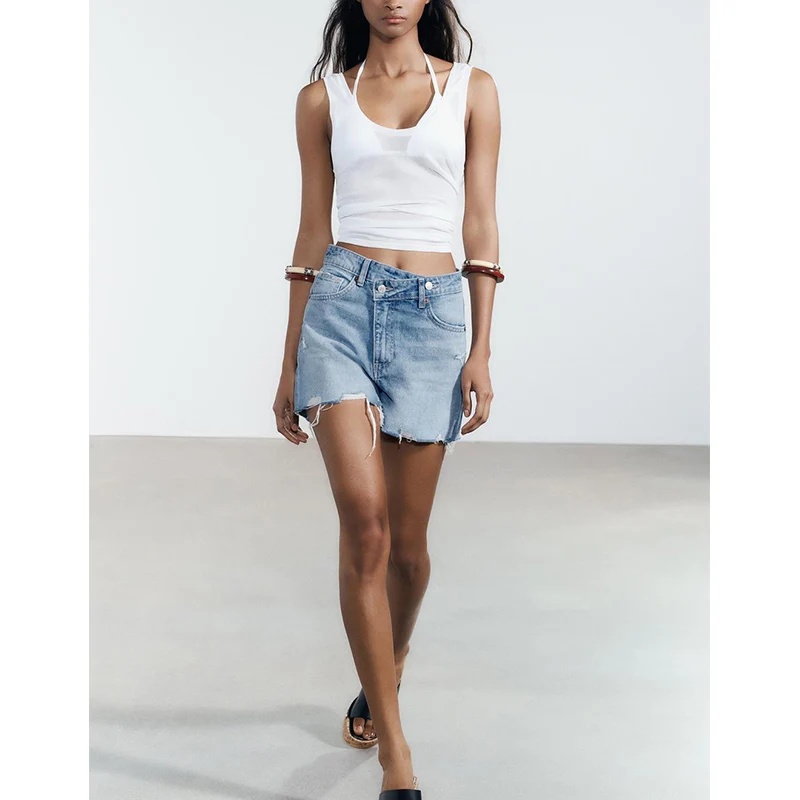 Summer New Women's Casual Loose Comfortable Fit Cross Waist Denim orts Straight Leg Wide Leg Low Waist Zipper Sle