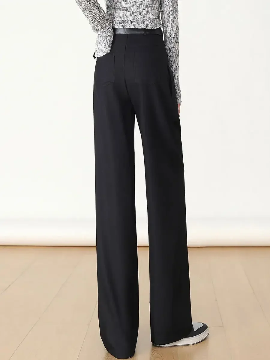 LOUIS YAO Women Pants 2024 New Office Lady Wide Leg Suit Pants Straight Loose Fit with Belt Casual Long Trousers