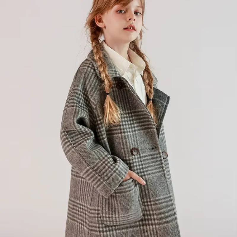 Girl's Double-Faced Wool Plaid Coat, Autumn/Winter Children's Medium-Length Suit-Style Wool Blazer Jacket
