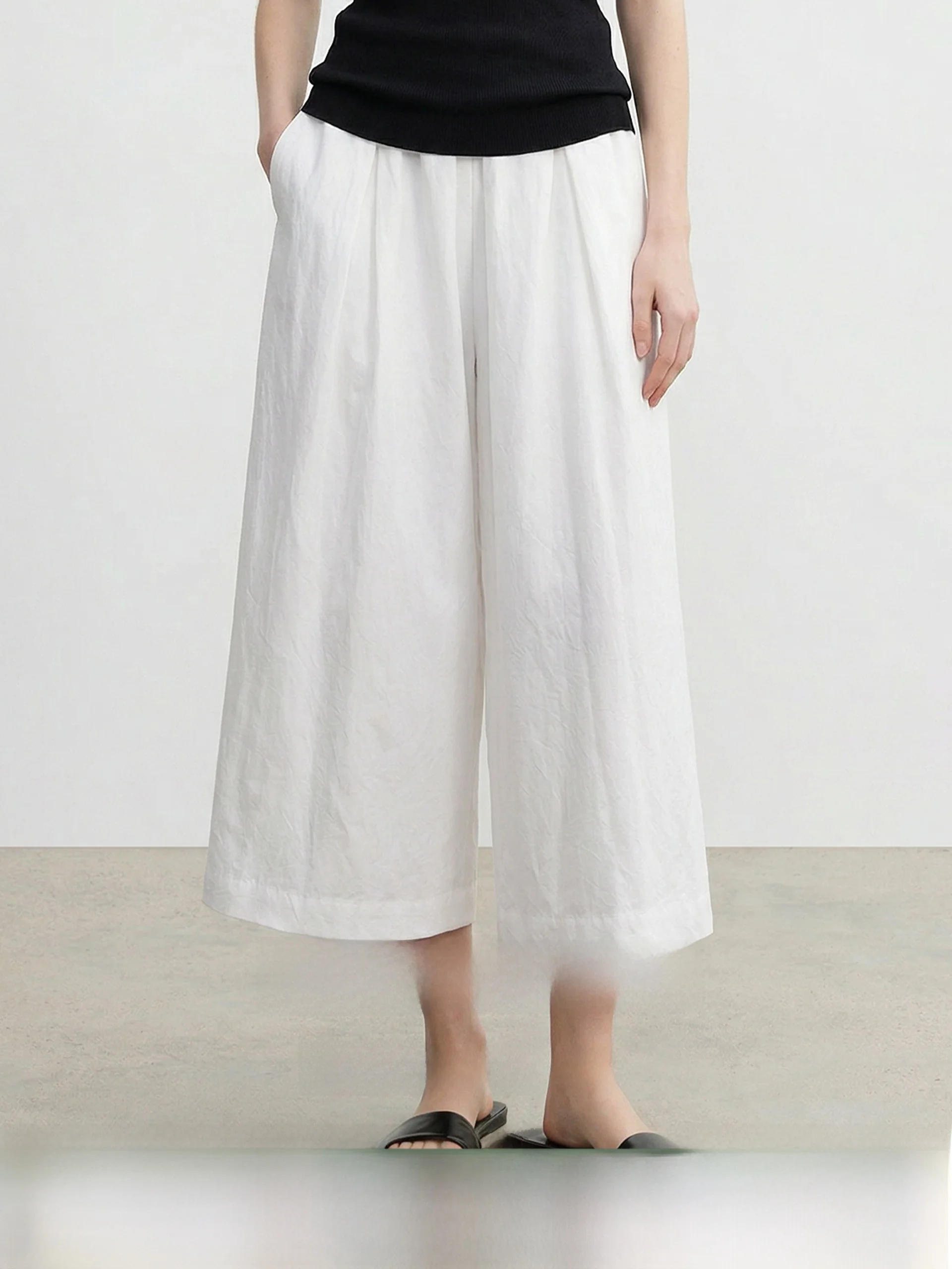 

Miiine Summer Versatile Pleated Wide Leg Seven-Foot Pants Elastic Waist Design Loose Casual Skirt Pants Ladies Polyester Fiber