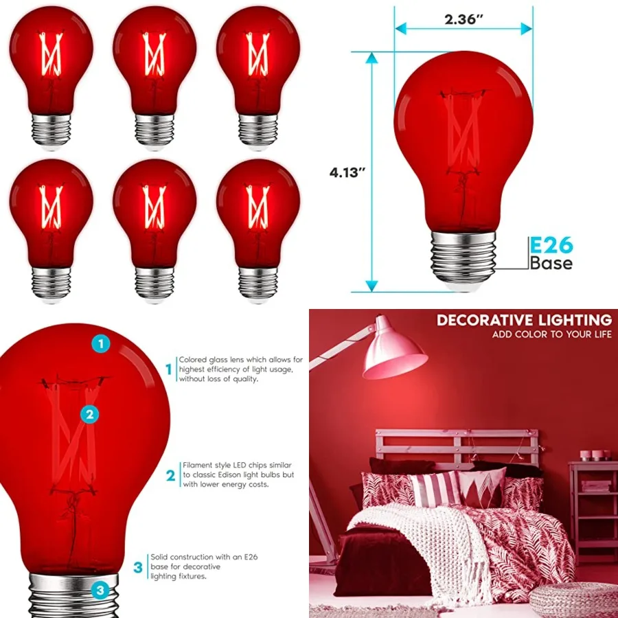A19 Edison LED Light Bulbs, 4.5W 60W Equivalent,Colo Glass Filament, UL Listed, E26 Standard Base, Indoor Outdoor, Porch, Decor