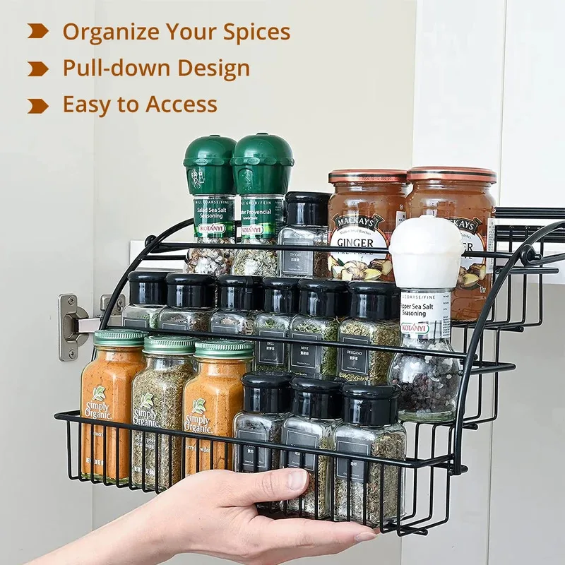 3-tier spice rack organizer, countertop or cabinet pull-down design for spices and jars, space-saving tiered seasoning shelf