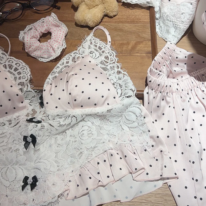 

Princess Style Pink Dot Lace Pajamas Set Sexy Vest Top Shorts Pijama Mujer Summer Spring New Loungewear Ice Silk Lingerie