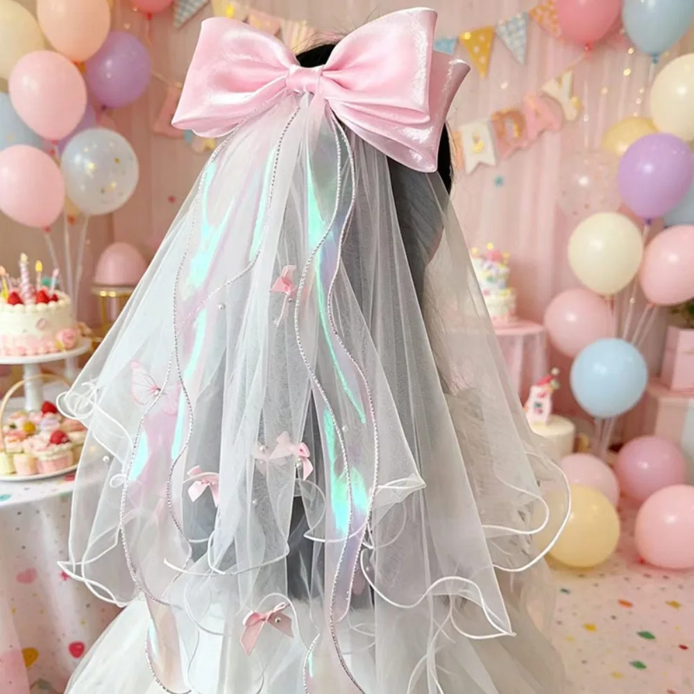 Large Princess Bow Hairpin Kids Lace Mesh Crown Headwear Shell Hair Accessories Cute Girls Party Photo Prop Pink Accessories