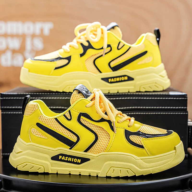 

Осенние модные желтые кроссовки для мужчин, дышащие сетчатые кроссовки на платформе, мужские уличные повседневные кроссовки на шнуровке, мужские zapatillas hombre