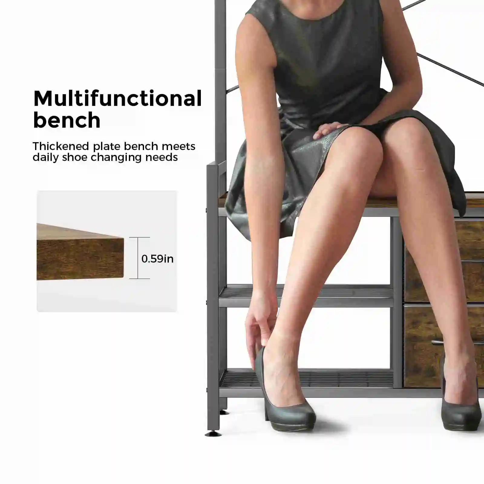 

Multifunction Hall Tree for Entryway 5 in 1 Coat Shoe Rack with Bench Shelves Drawers Hooks Brown