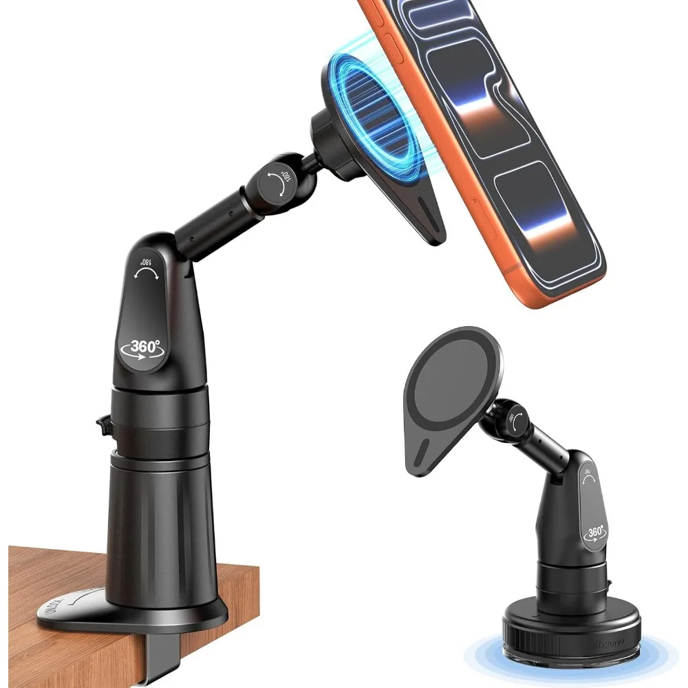 

Magnetic Desk Phone Holder 2in1 Clamp Stand with Suction Cup Fits All Phones