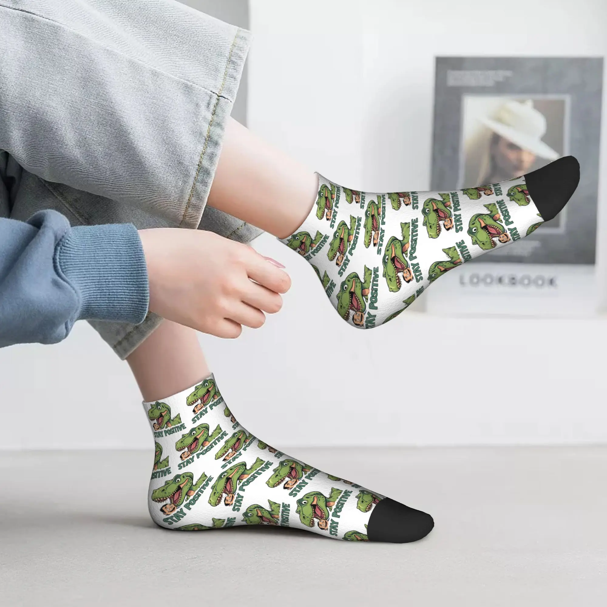 

All Seasons Stay Positive Funny T-Rex Dinosaur Sticker Socks Harajuku Sport Middle Tube Socks Soft Funny Stockings for Men Women