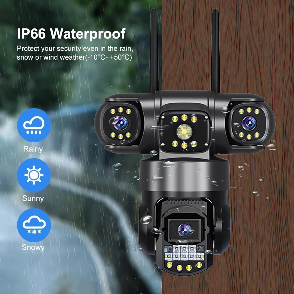 Cámara V380 Pro WIFI 12MP 6K tres lentes Color visión nocturna Monitor de vigilancia detección de movimiento al aire libre grabadora de vídeo de 3 pantallas