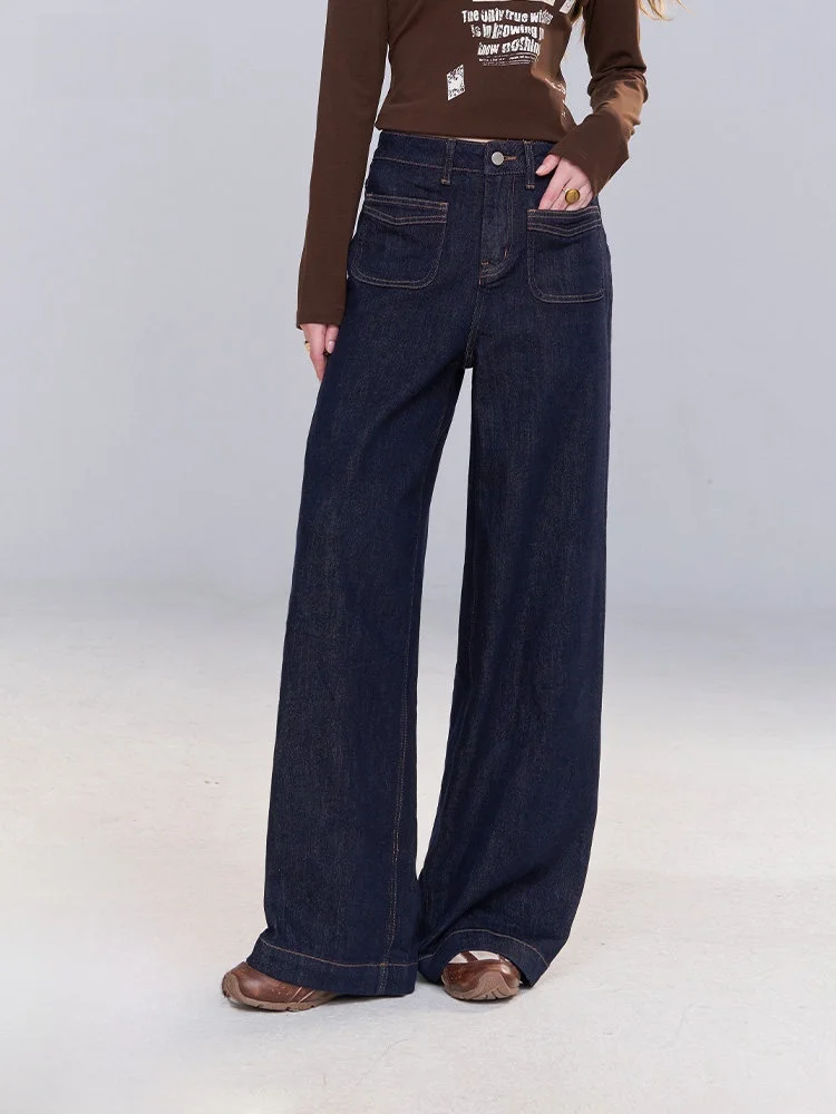 

Темно-синие широкие повседневные джинсы свободного кроя для женщин, осенняя мода, удобный хлопок l талии, без стрейч ELFSA