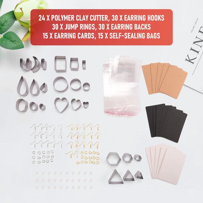 24Pcs Polymer Clay Cutters, 10 Shapes Clay Cutters With Earring Cards, Earring Hooks, For Jewelry Making