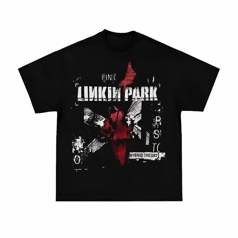 Camiseta holgada de manga corta de algodón pesado con estampado de figura Vintage americana Linkin Park Linkin Park para hombre y mujer, moda de verano 2025