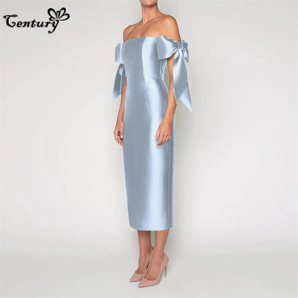 

Sky Blue Saudi Arabic Evening Dresses Long Big Bow Off Shoulder Tea-Length Satin Dubai Prom Gowns Wedding Party Dress Customized