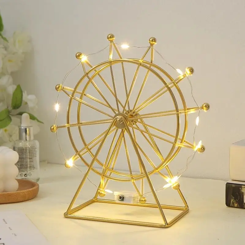 Rotatable Ferris Wheel Ornament Luxury Metal Desk Decor Creative Kinetic Table Sculpture with LED Night Light Option for Gif