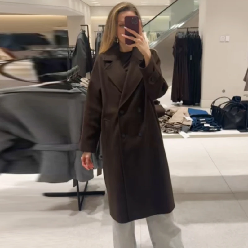 HXAO Bruine Tweed Outerwears Dames Demi-Seizoen Jas 2025, Oversize Double-Breasted Lange Jas Vrouw Kantoor Lange Mouw Overjas