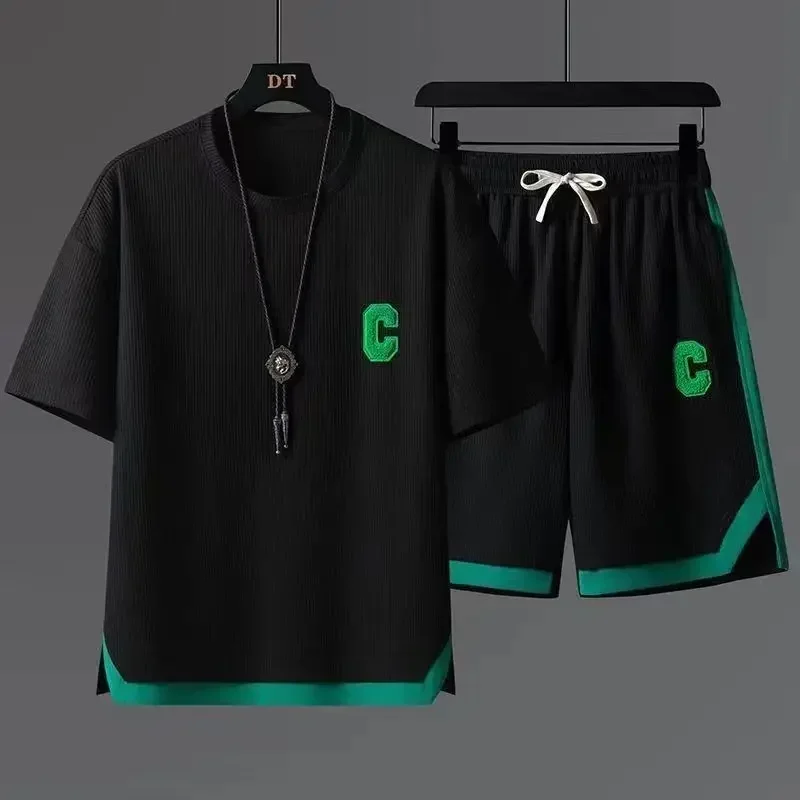 Conjunto curto de treino preto masculino, camiseta elástica larga, shorts combinando, conjunto elegante, estilo coreano, alfabeto, oferta, novo