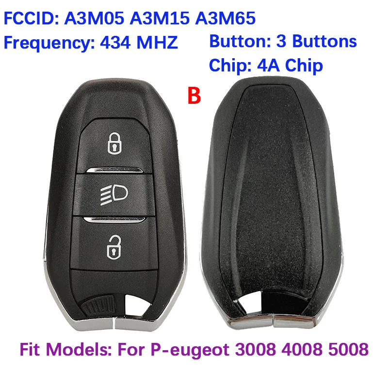 CN009070 Aftermarket 3Buttons Smart Remote Key FCC A3M05 A3M15 A3M65 4AChip 434MHz KeylessGo For P-eugeot 3008 4008 5008 2018-24