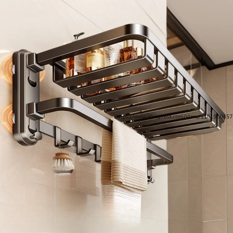 

Suction Cup, Net Basket, Towel Rack, Non-punching, Wall-mounted Detachable Toilet, Bathroom Folding Towel Storage Rack