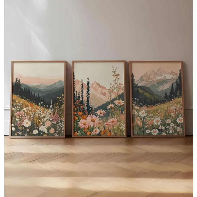 3-teiliger moderner Boho-Bergsonnenuntergang-Leinwanddruck, rahmenlose Mid-Century-Wildblumen-Landschaftsposter für Wohnzimmerdekorationen