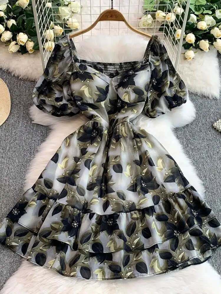 Vestido curto vintage francês feminino, estampa rosa, gravata quadrada, almofada no peito, vestidos de praia, verão, em camadas, robe curto