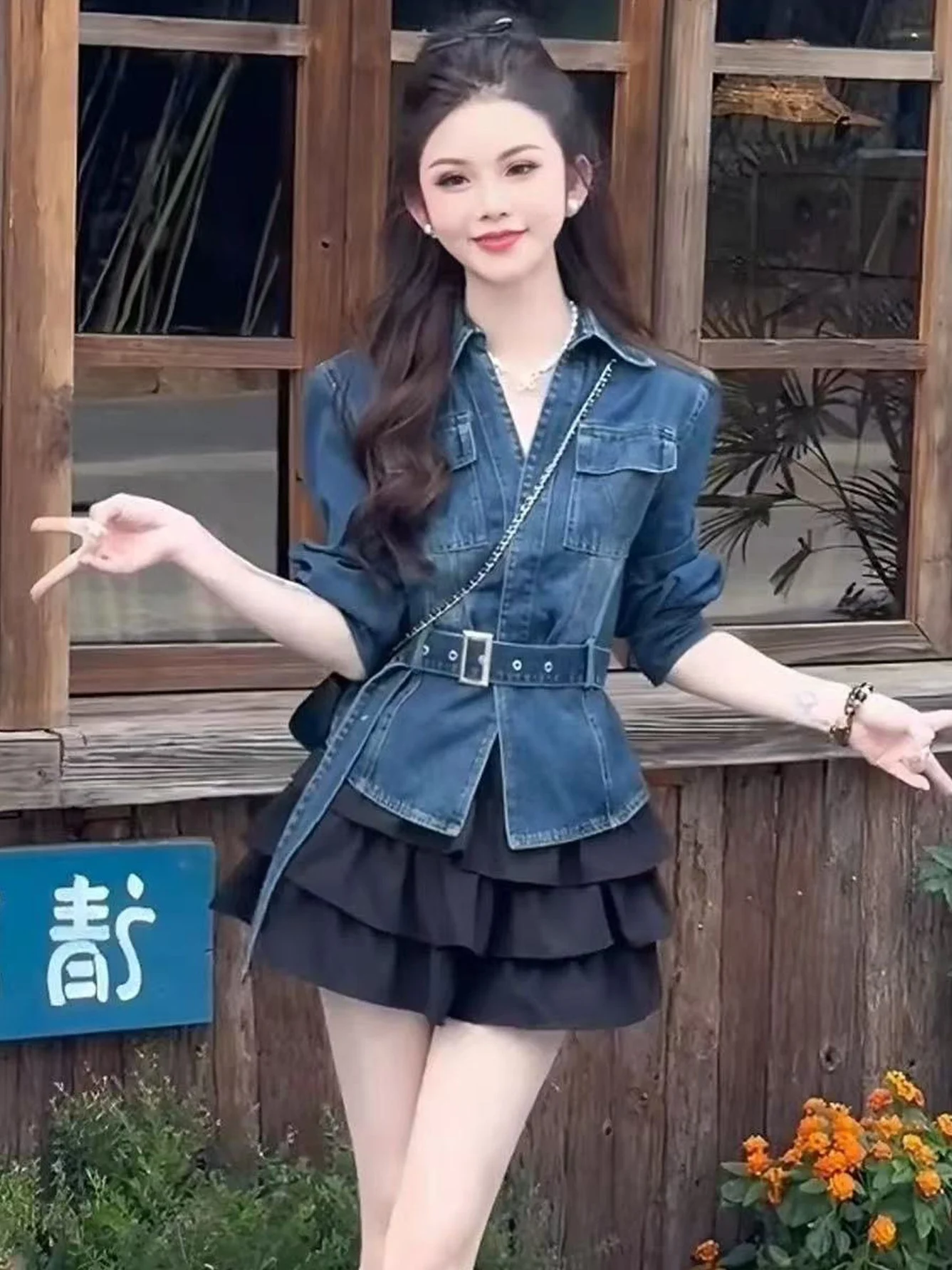 Retro Hong Kong Style Slim Fit Denim Jacket Women's Short Coat Collar Stand up Waist Design Autumn New Fashion Small Size