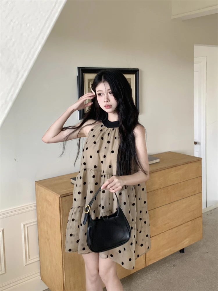 Matakawa Halter Polka Dot Women Dresses Halter Korean Fashion Sweet Loose Vestidos Mujer Spring Summer Loose Retro Mini Dress