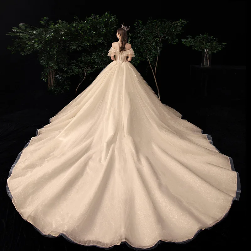 2021 오프 숄더 Vestido De Noiva 웨딩 드레스 기차 맞춤형 플러스 사이즈 Bridal Tulle Mariage boho Champagne Wedding