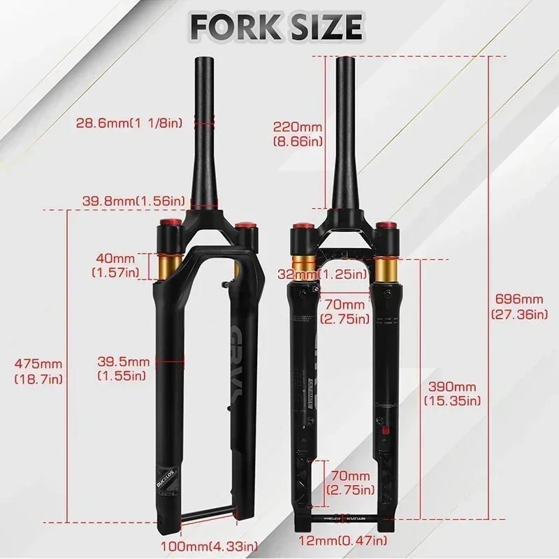 BUCKLOS Gravel Bike Suspension Fork 700C Bicycle Air Suspension Fork 12*100mm Road Bike Tapered Fork Travel 40mm Bicycle Parts