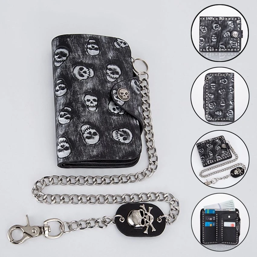 

Punk Rock Skull PU Leather Wallet Detachable Metal Chain Clutch Wallet Billfold Money Clip Foldable Purse Notecase