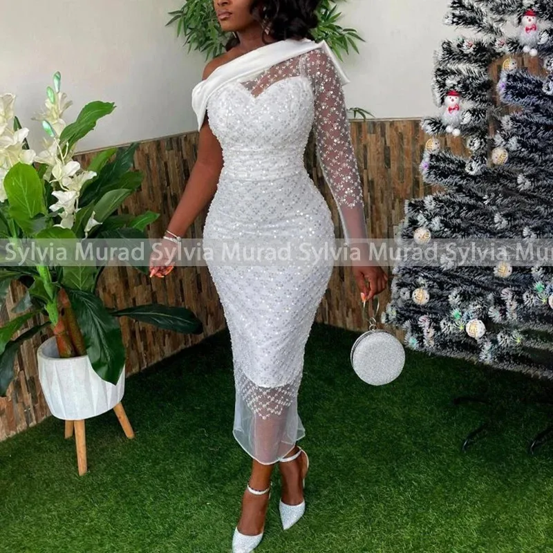 Bling Sequins Heavily Beaded Wedding Dress One Shoulder Sheer Single Long Sleeves Tea Length Mermaid Customized Bridal Dresses