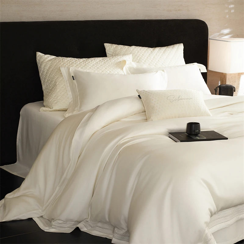 Luxury 100S Lyocell 4-Piece Bedding Set Lace Embroidery Trim Silky Soft Cooling Duvet Cover Bed Sheet Pillowcase Queen King Size