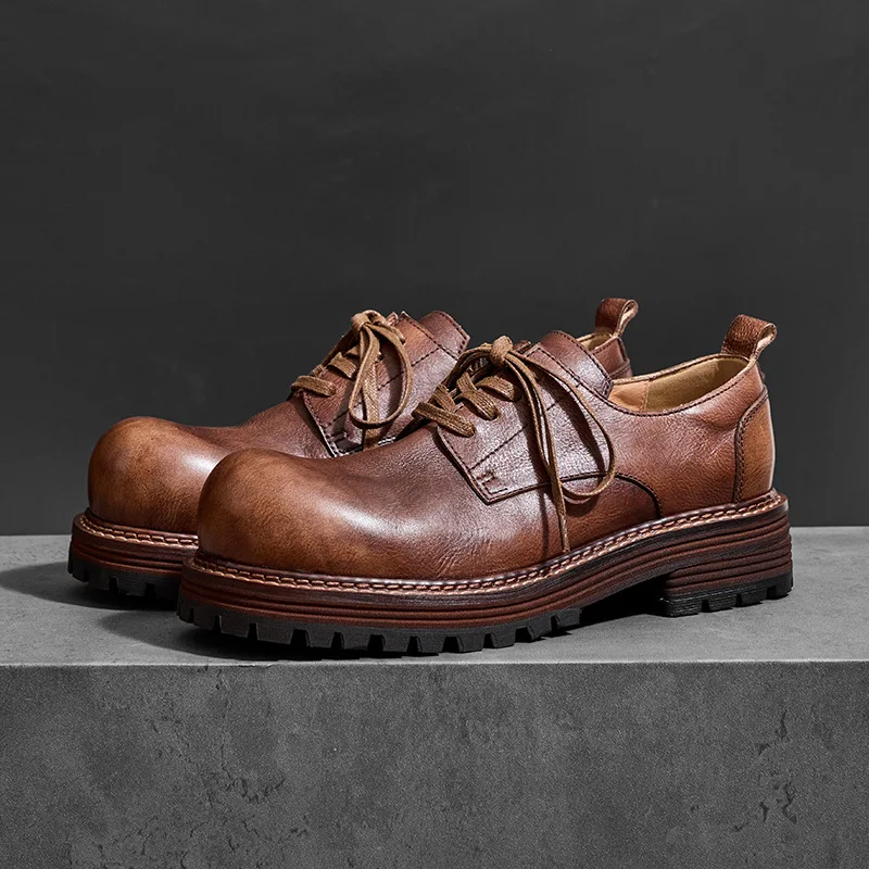 Men's Retro Chunky Round Toe Leather Business Shoes Lace-Up Platform Height-Increasing Casual Sneakers Versatile Trendy Cowhide