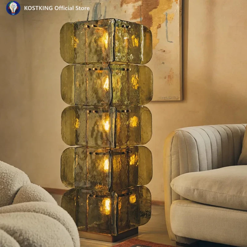 American Light Luxury Art Creative Multi-Layer Stacked Glass Floor Lamp, Warm Atmosphere Living Room Bedroom Olive Green LED