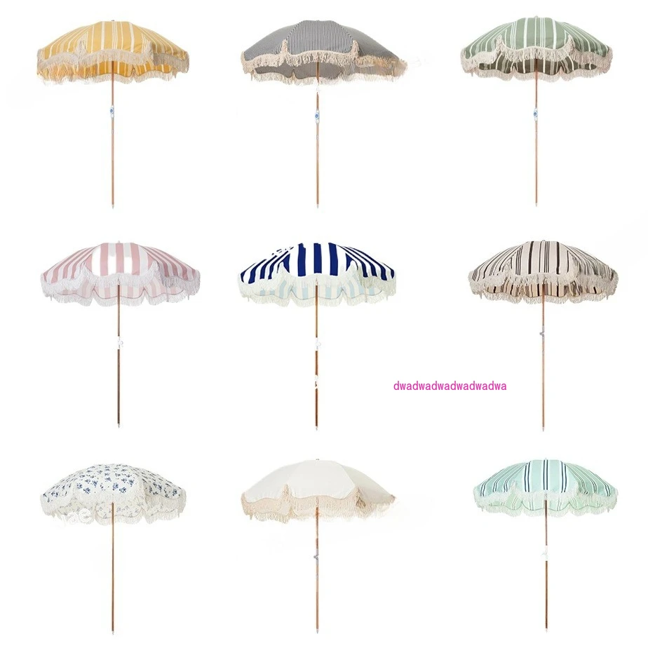 مظلات الشاطئ المظلات مع شرابات / بوهو خشبية مخصصة فاخرة محمولة 8 أقدام، عتيقة هامش الشمس في الهواء الطلق القطب قماش أصفر