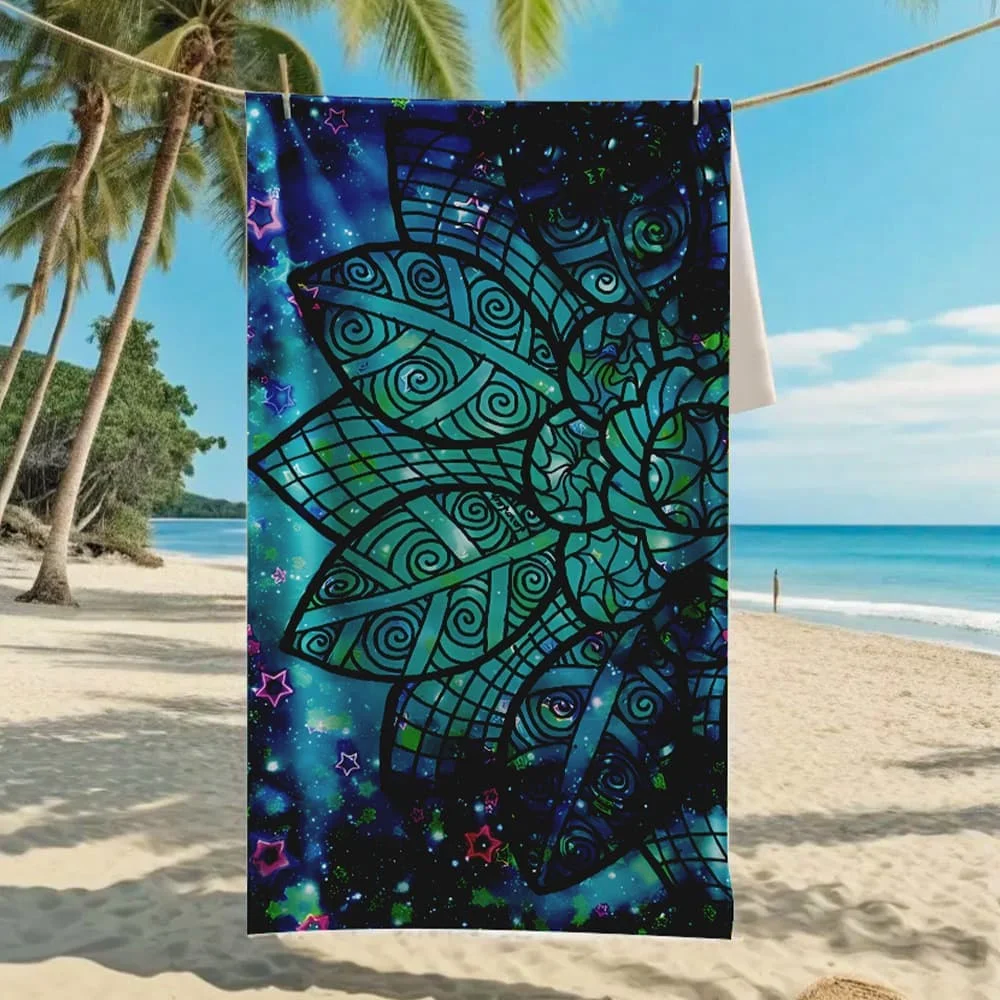 Mandala Lotus Flower Galaxy Print Beach Towel Quick Dry Sand Free with Blue Purple Colorful Design for Swimming Travel
