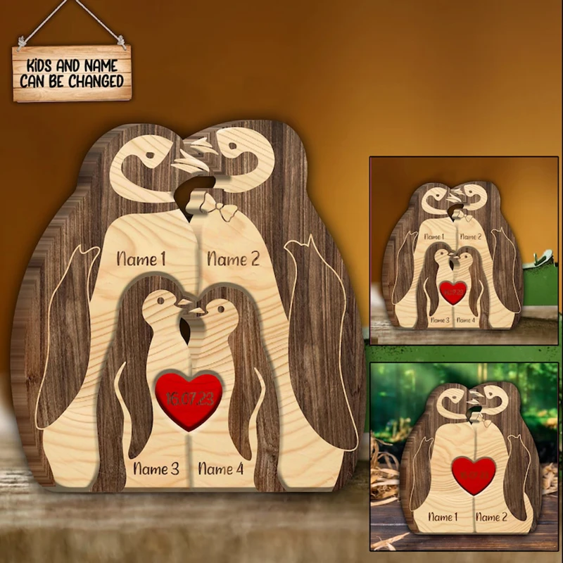 Personalized Anniversary Gifts Penguin Wooden Puzzle Loyalty Romance Eternal Love Couple Family Figurine Customize name and Date